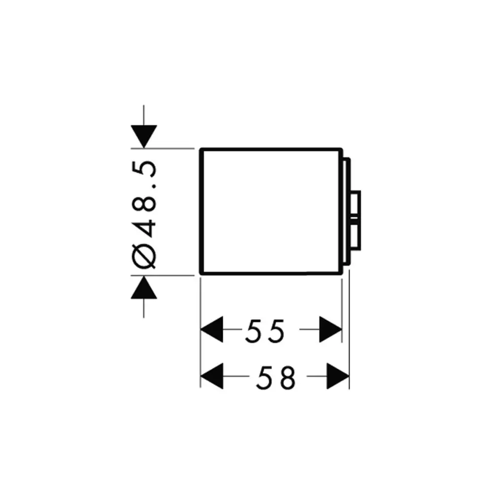 Technisches Diagramm eines zylindrischen Produkts mit den Maßen Ø48,5 mm, Höhe 55 mm und 58 mm, geeignet für ein AXOR Thermostatmodul.